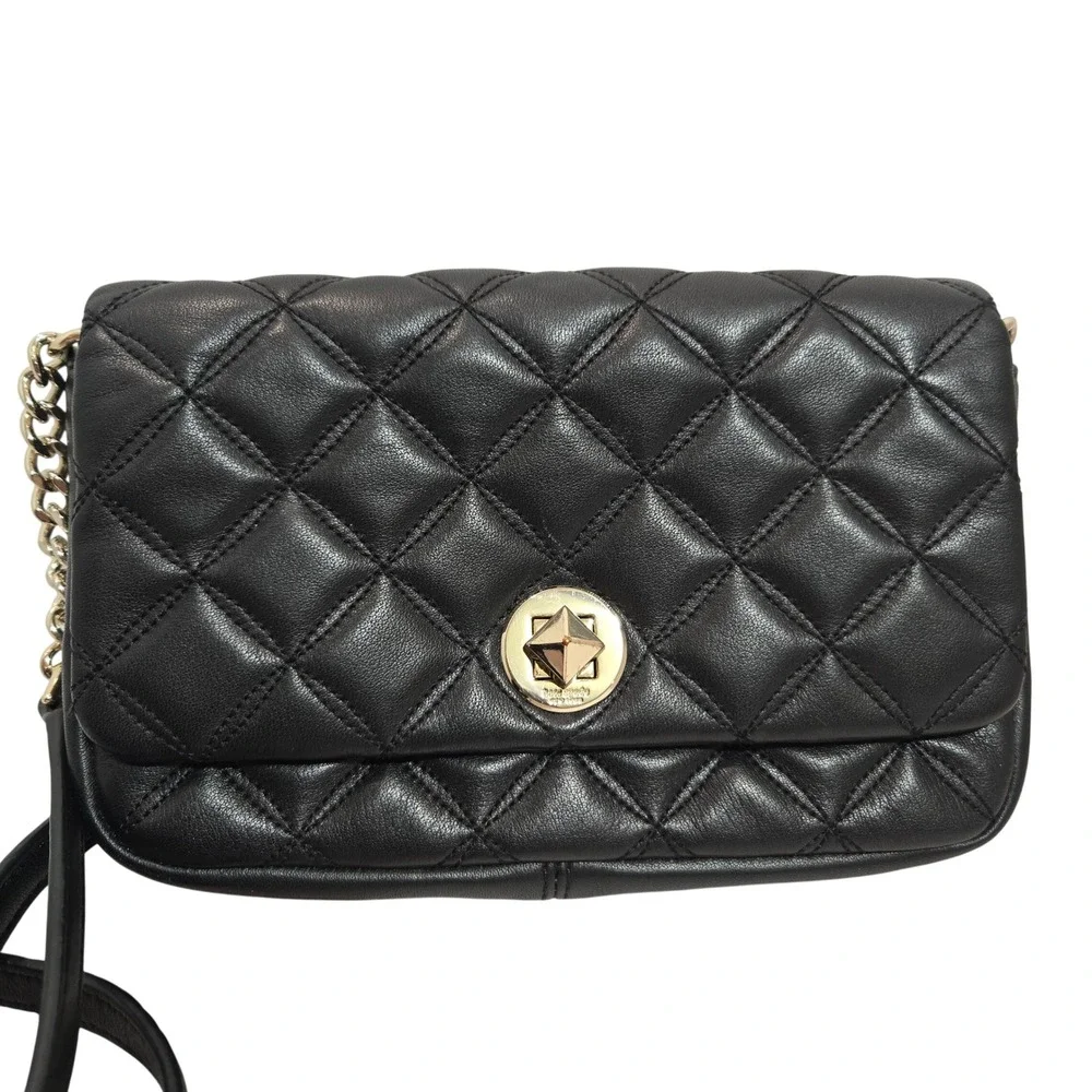 Kate Spade Natalia Crossbody Bag Small Black Quilted Leather Gold Turn-Lock 1418